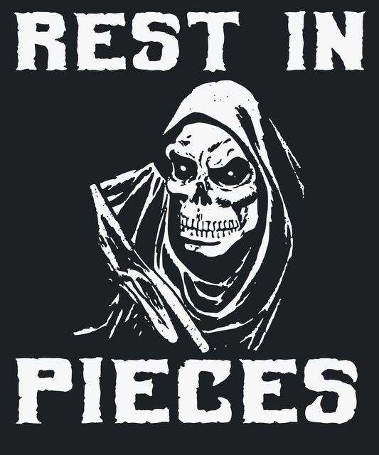 Rest in Pieces – Humorvolles Sensenmann - T-Shirt Motiv für Halloween