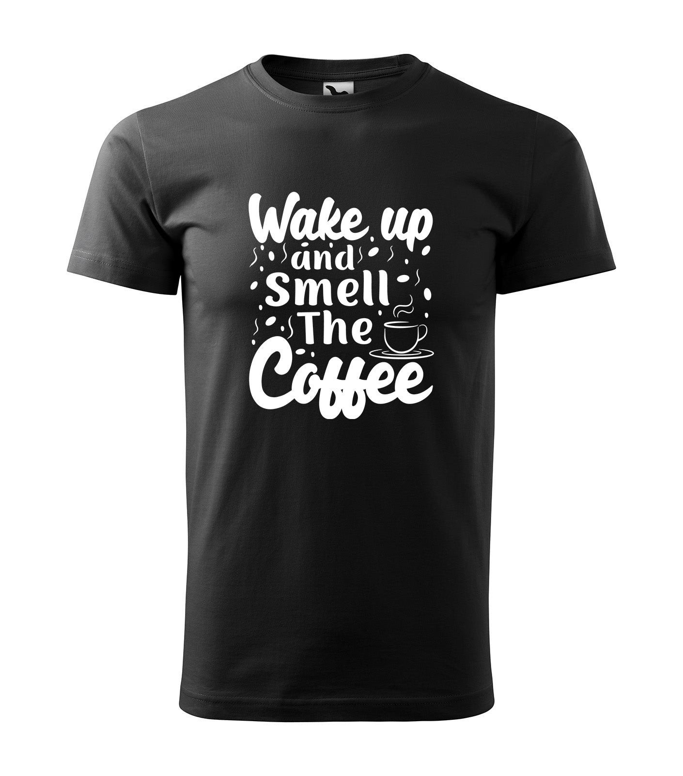 Schwarzes Kaffee T-Shirt mit „Wach auf und rieche den Kaffee“ Schriftzug – Nickifabrik®