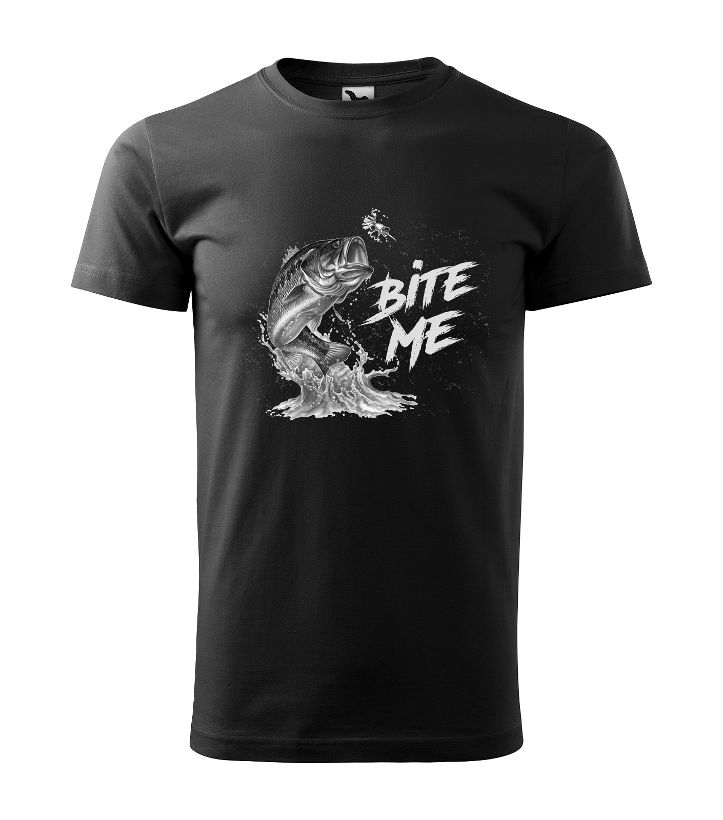 Schwarzes T-Shirt mit einem grafischen Design eines springenden Fisches und dem Text "Bite Me". Ideal für Angelfreunde.
