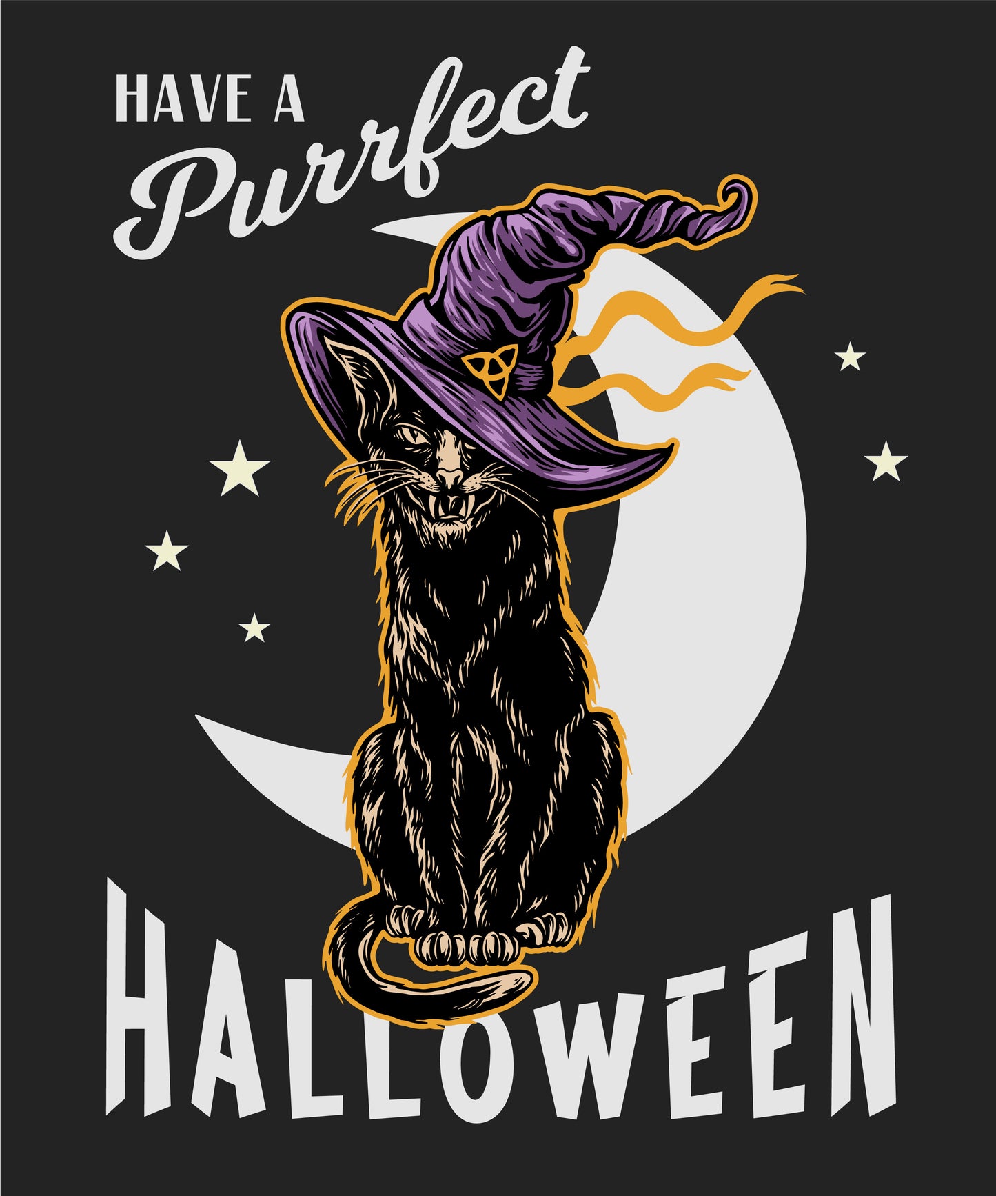 T-Shirt Motiv mit einer schwarzen Katze, die einen lila Hexenhut trägt, sowie dem humorvollen Spruch "Have a Purrfect Halloween" im Mondschein. Perfektes T-Shirt für Katzen- und Halloween-Fans!