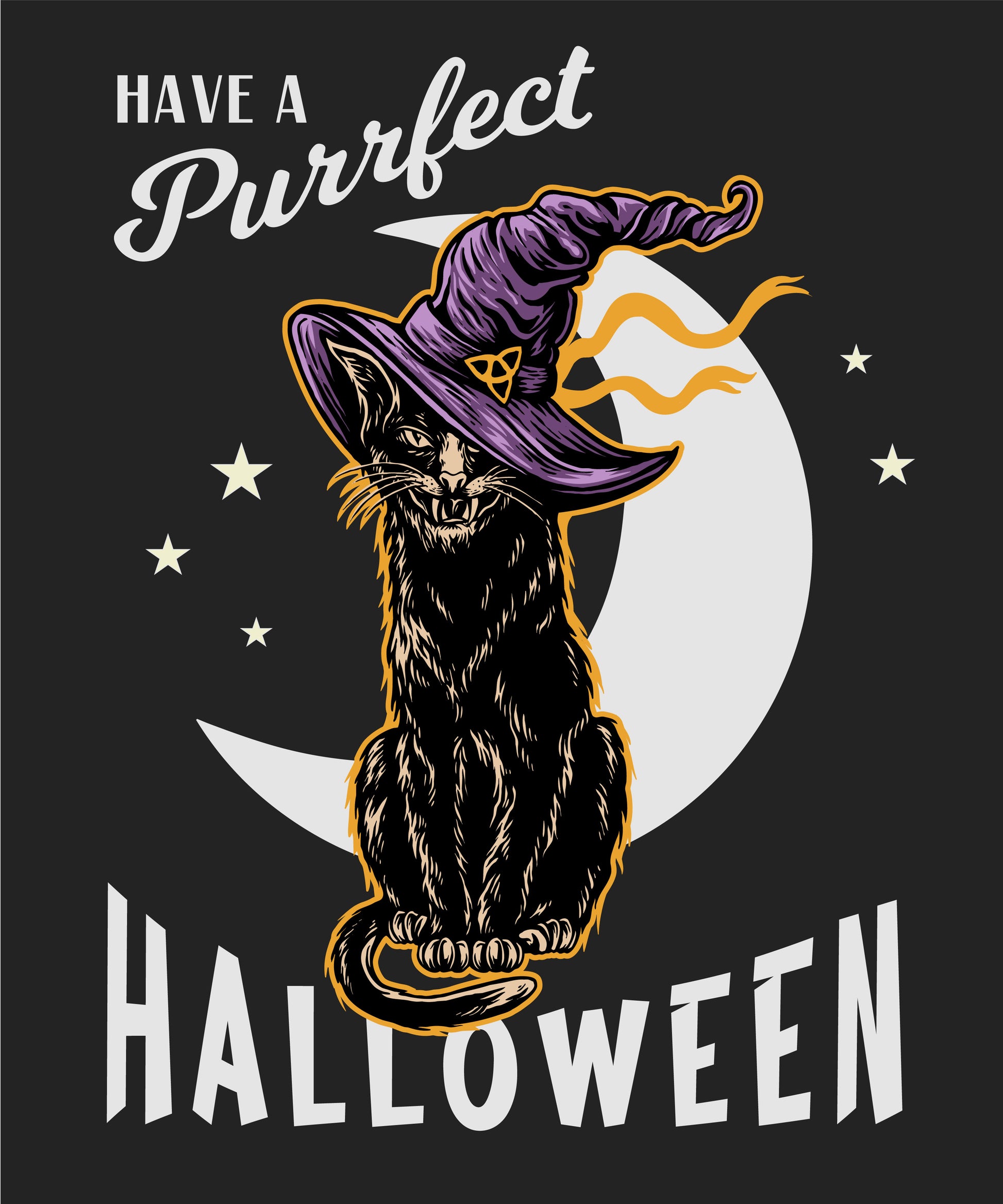 T-Shirt Motiv mit einer schwarzen Katze, die einen lila Hexenhut trägt, sowie dem humorvollen Spruch "Have a Purrfect Halloween" im Mondschein. Perfektes T-Shirt für Katzen- und Halloween-Fans!