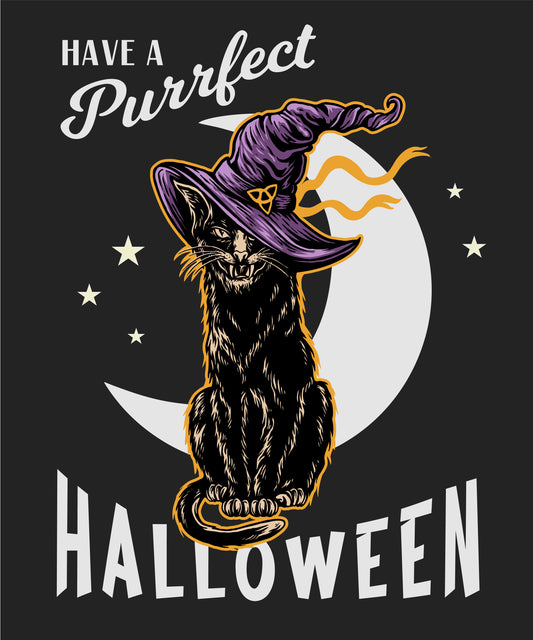 T-Shirt Motiv mit einer schwarzen Katze, die einen lila Hexenhut trägt, sowie dem humorvollen Spruch "Have a Purrfect Halloween" im Mondschein. Perfektes T-Shirt für Katzen- und Halloween-Fans!