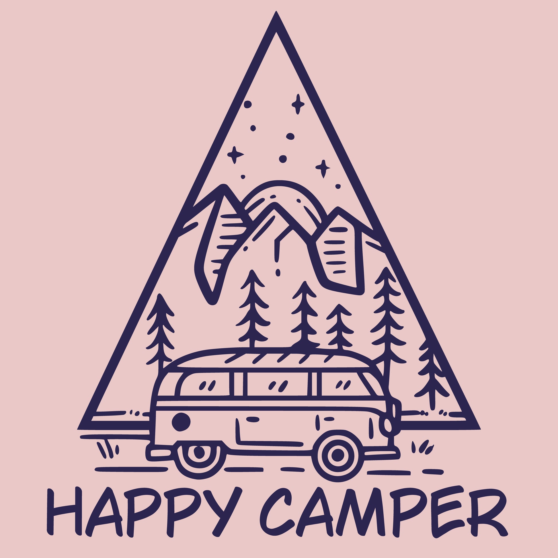 "Happy Camper" Outdoor-Motiv: Wohnmobilmobil vor stilsiertem Wald mit Bergen und Sonnenaufgang - Nickifabrik®
