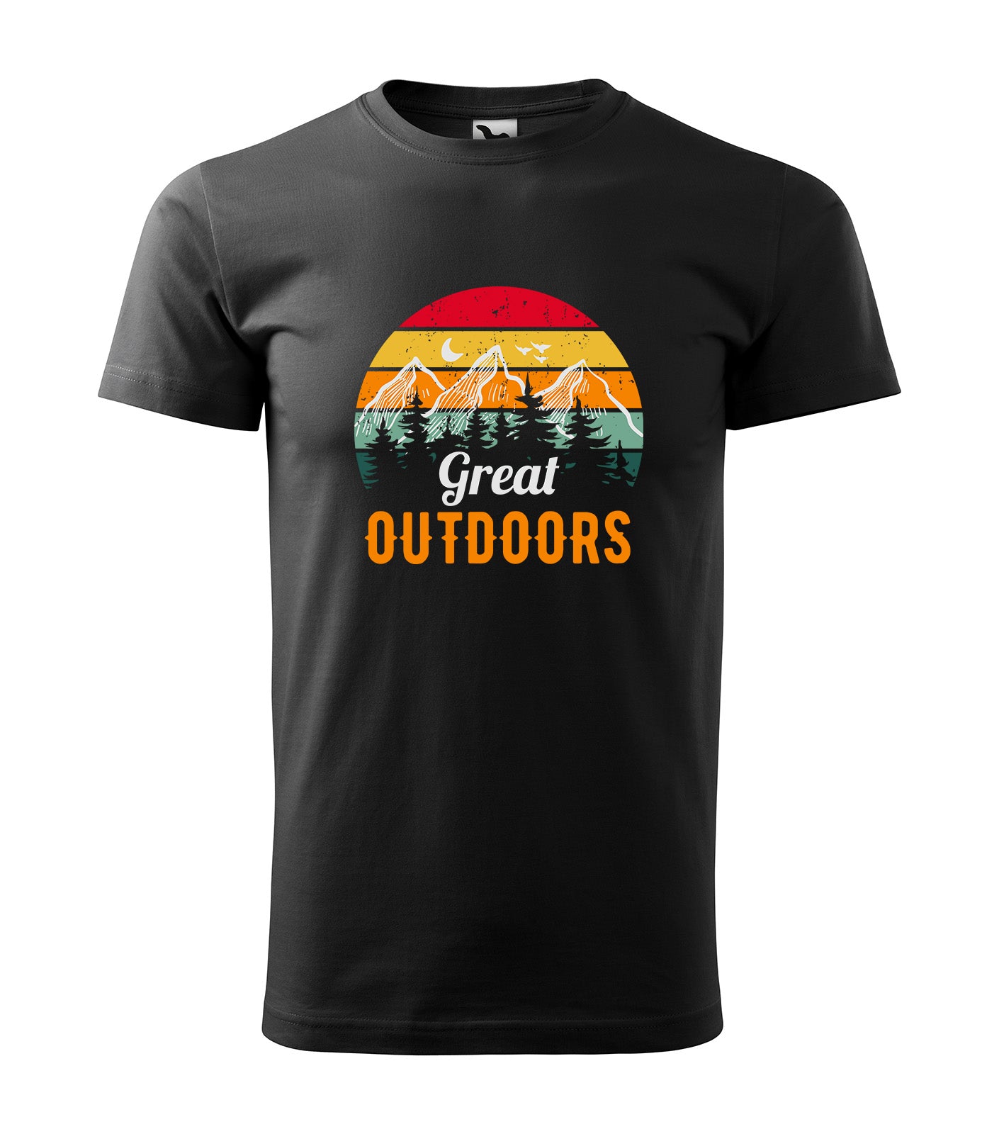 Schwarzes Outdoor T-Shirt mit „The Great Outdoors“ Schriftzug und Bergen – Nickifabrik®