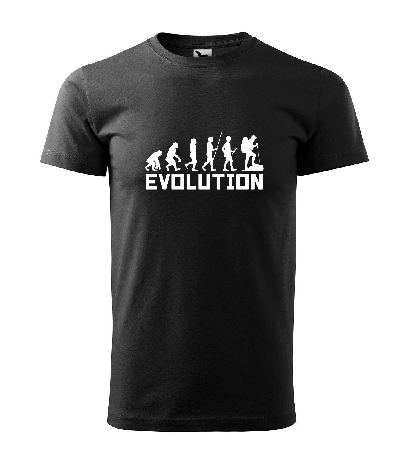 Schwarzes Outdoor T-Shirt mit „Evolution“ Motiv vom Affen zum Wanderer – Nickifabrik®