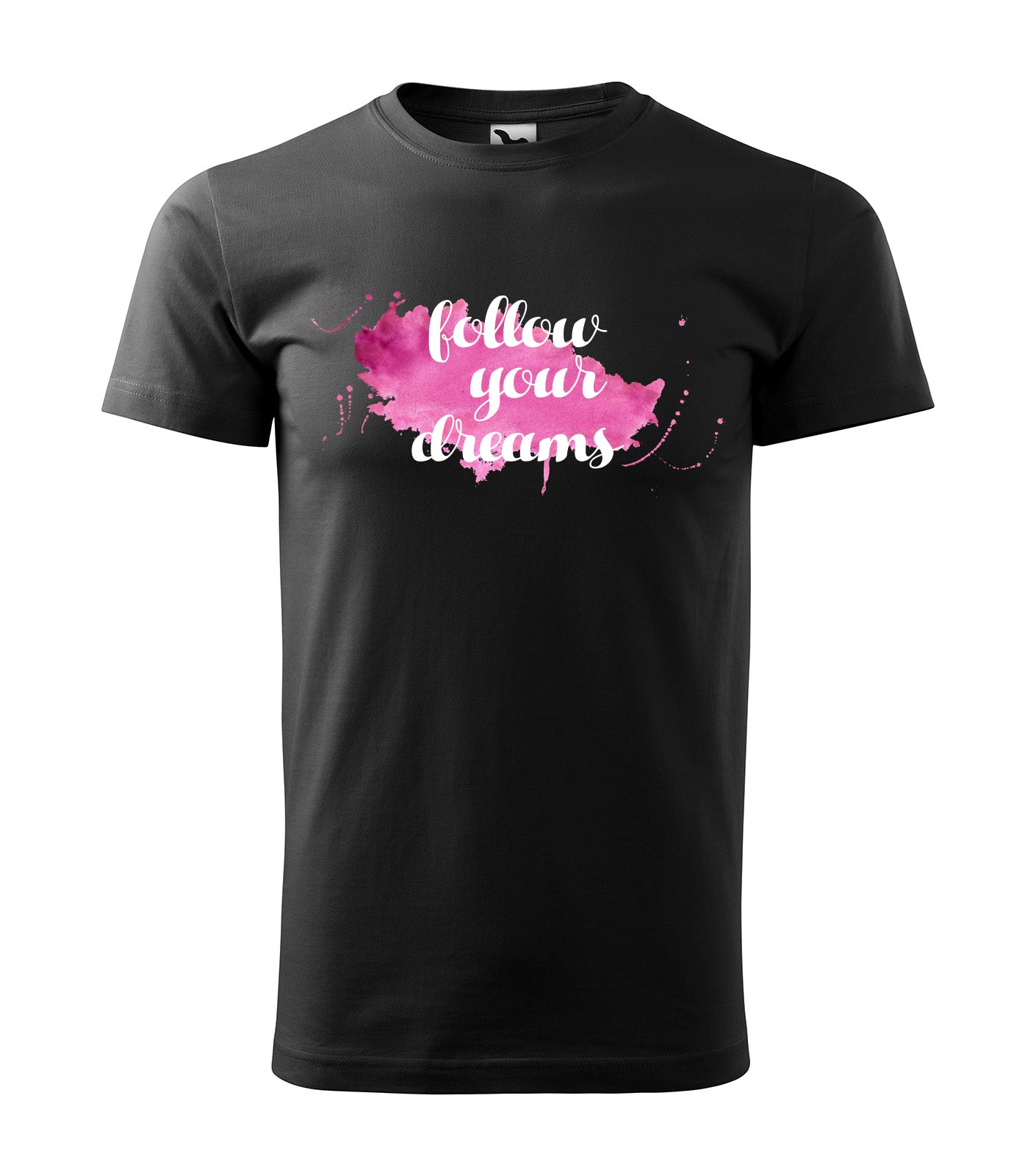 Schwarzes T-Shirt mit pinkem Aquarell-Design und dem motivierenden Spruch „Follow Your Dreams“. Perfekt für kreative Köpfe, Träumer und alle, die ihre Ziele verfolgen.