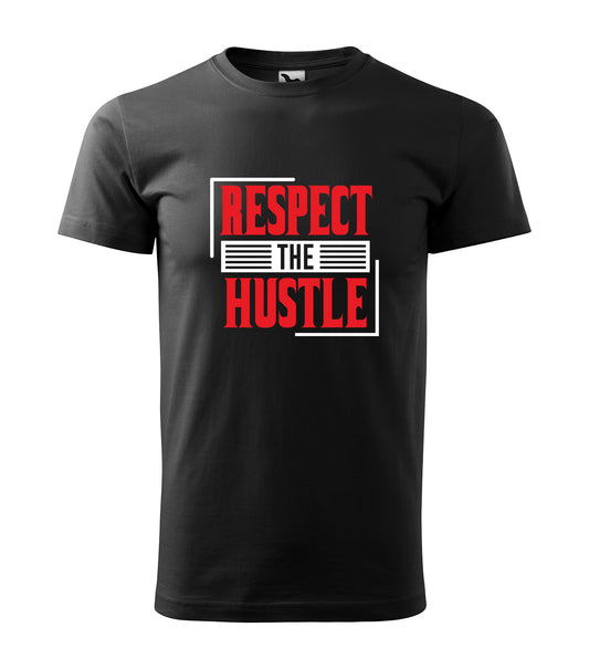 Schwarzes T-Shirt mit dem kraftvollen Statement „Respect the Hustle“ in Rot und Weiß. Perfekt für Unternehmer, Sportler und alle, die hart arbeiten.