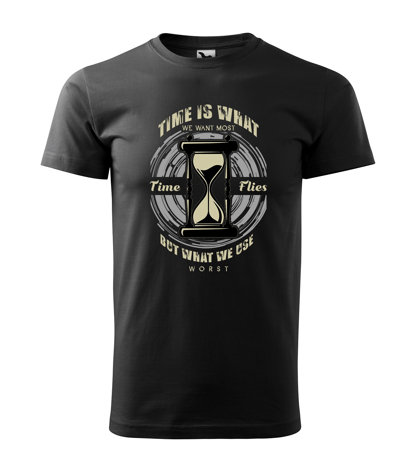 Schwarzes T-Shirt mit Sanduhr-Motiv und dem inspirierenden Spruch „Time Is What We Want Most, But What We Use Worst“. Perfekt für bewusstes Leben & Zeitmanagement.