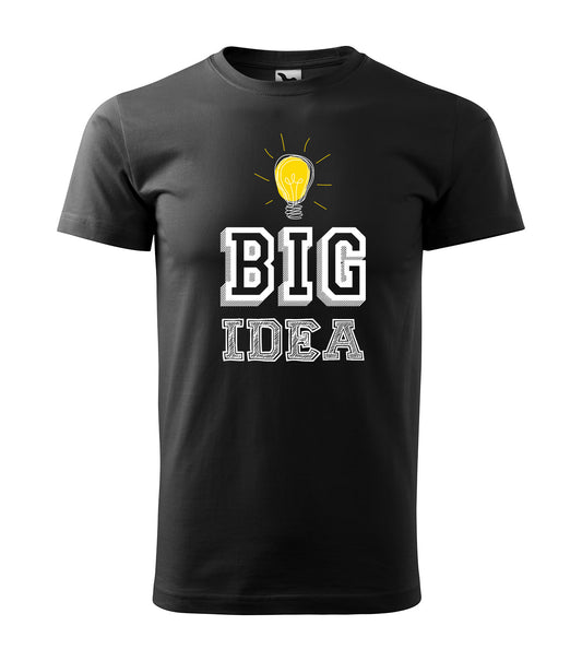 Schwarzes T-Shirt mit der Aufschrift „Big Idea“ und einer leuchtenden Glühbirne als Symbol für Kreativität und Innovation. Perfekt für Visionäre, Unternehmer und kreative Köpfe.