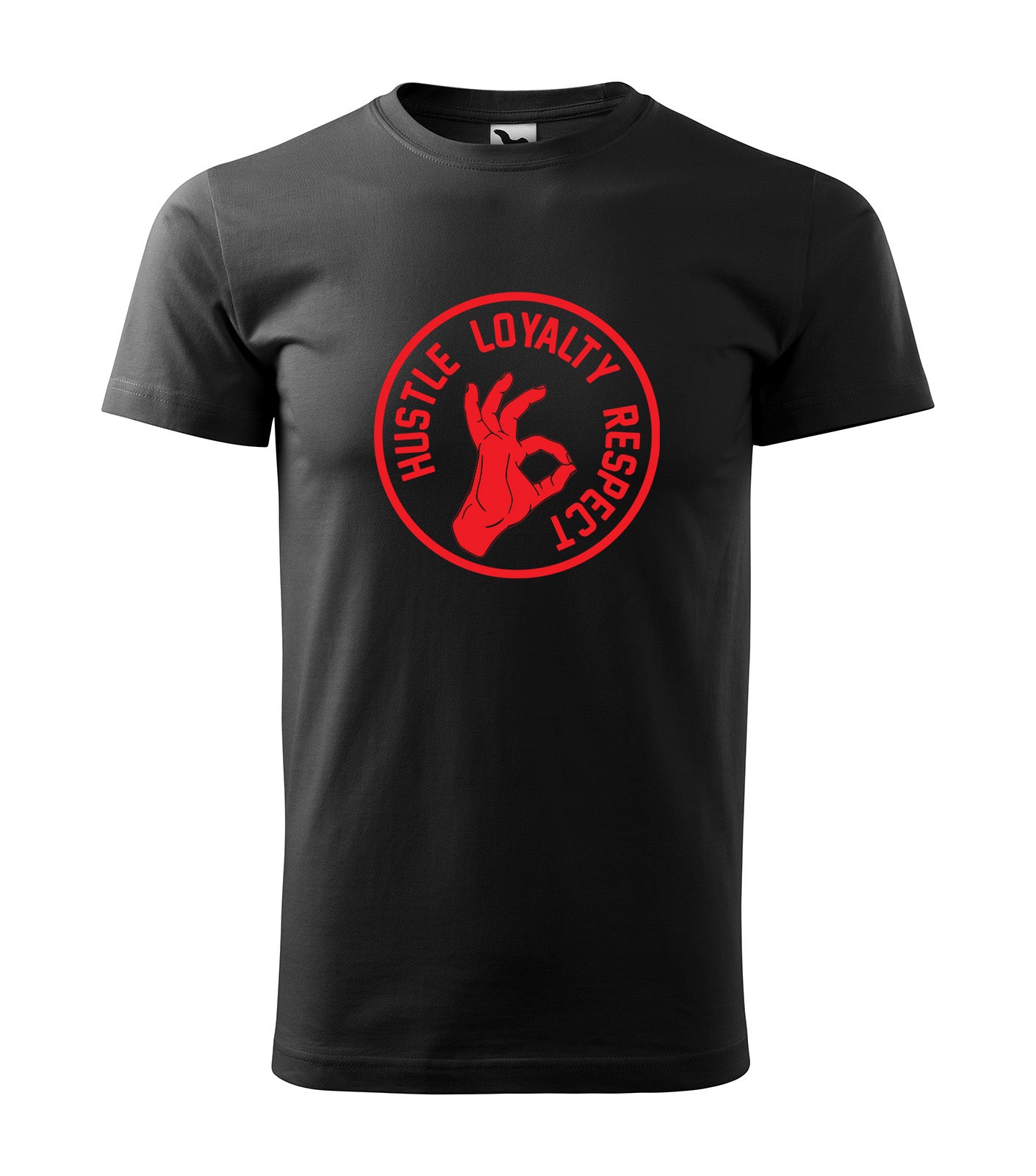 Schwarzes T-Shirt mit auffälligem roten Logo und dem Schriftzug „Hustle Loyalty Respect“. Perfekt für ehrgeizige Macher, Sportler und Unternehmer.