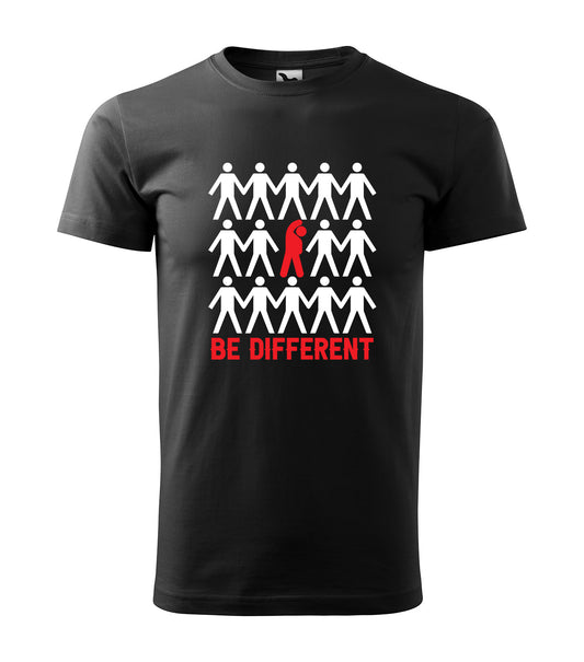 Schwarzes T-Shirt mit Grafik aus weißen Figuren und einer roten Figur, die sich abhebt, dazu der Schriftzug „Be Different“. Perfekt für Individualisten & Freigeister.