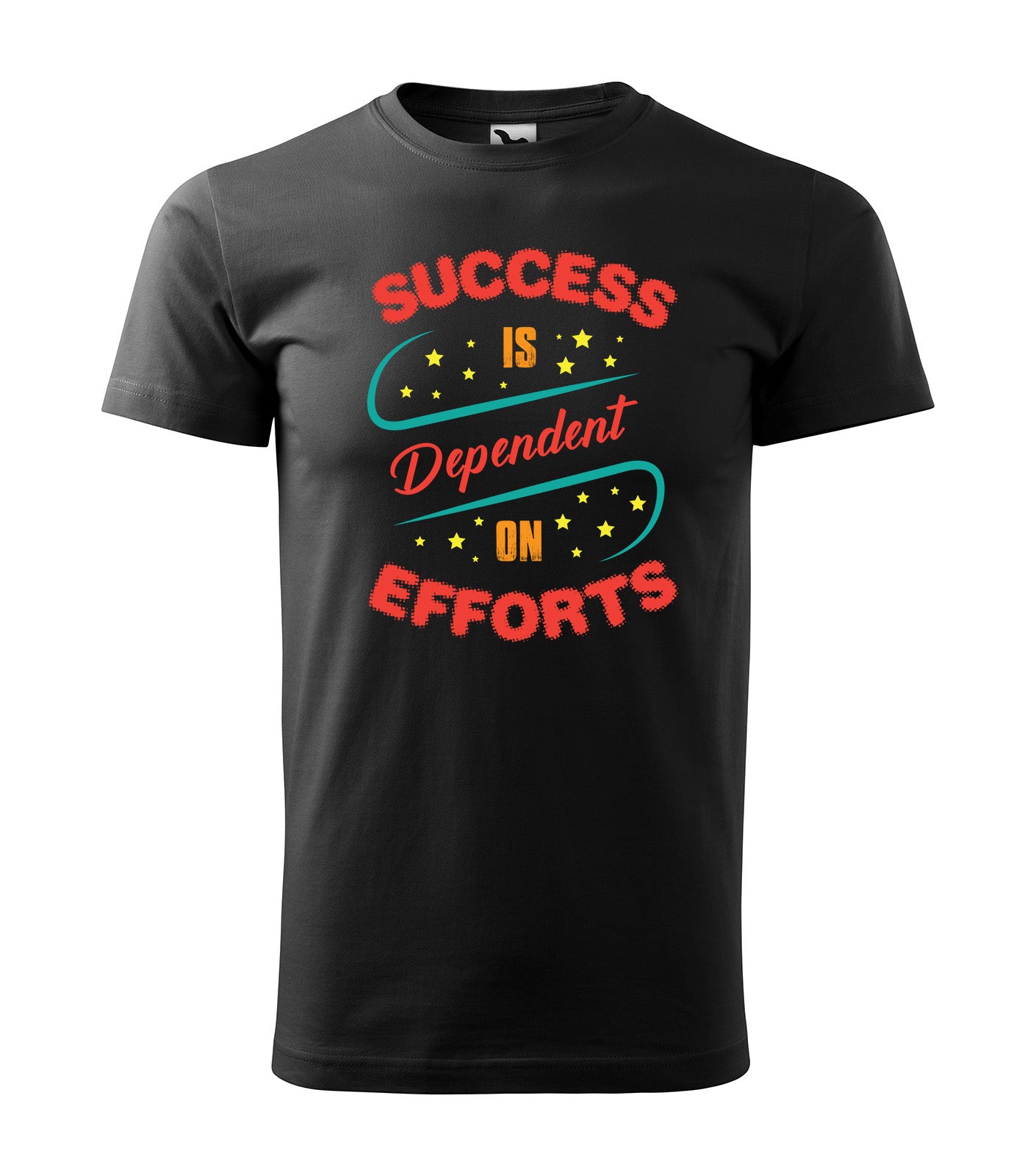 Schwarzes T-Shirt mit buntem Schriftzug „Success Is Dependent on Efforts“ und Sternenmotiv. Perfekt für alle, die an ihre Ziele glauben und hart arbeiten.