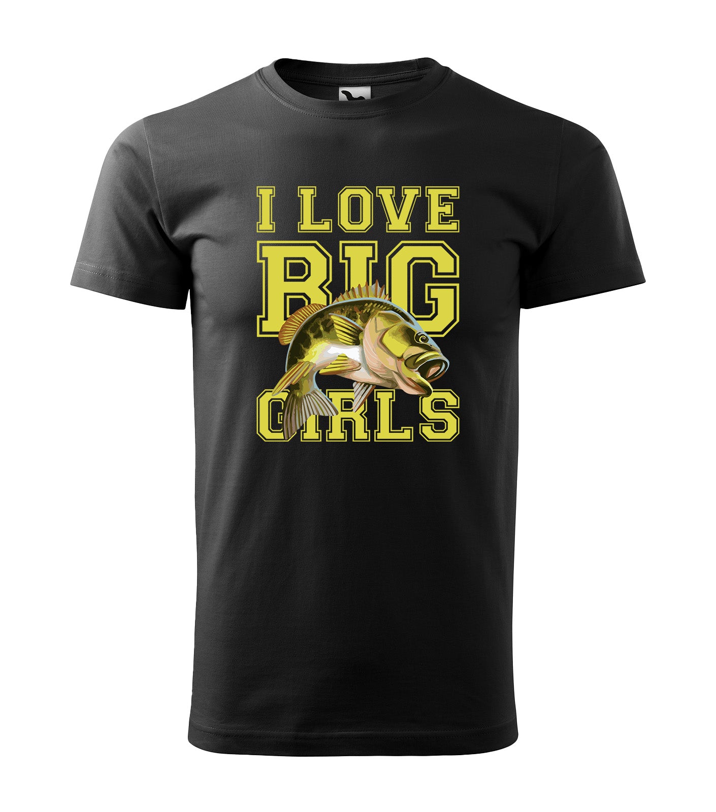 Schwarzes Angel T-Shirt mit „I love big girls“ Schriftzug und einer großen Barsch-Grafik – Nickifabrik®