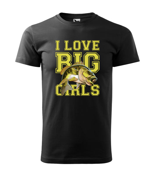 Schwarzes Angel T-Shirt mit „I love big girls“ Schriftzug und einer großen Barsch-Grafik – Nickifabrik®