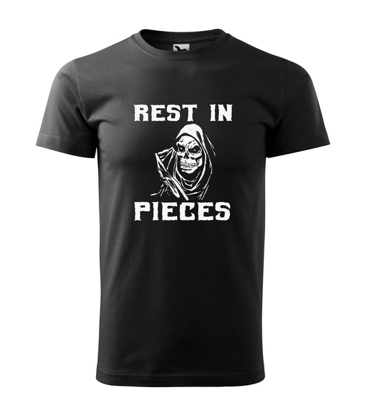 Schwarzes T-Shirt mit einem Sensenmann-Motiv und dem humorvollen Spruch "Rest in Pieces". Perfekt für Halloween-Partys oder für alle, die düsteren Humor und klassische Halloween-Symbole lieben.