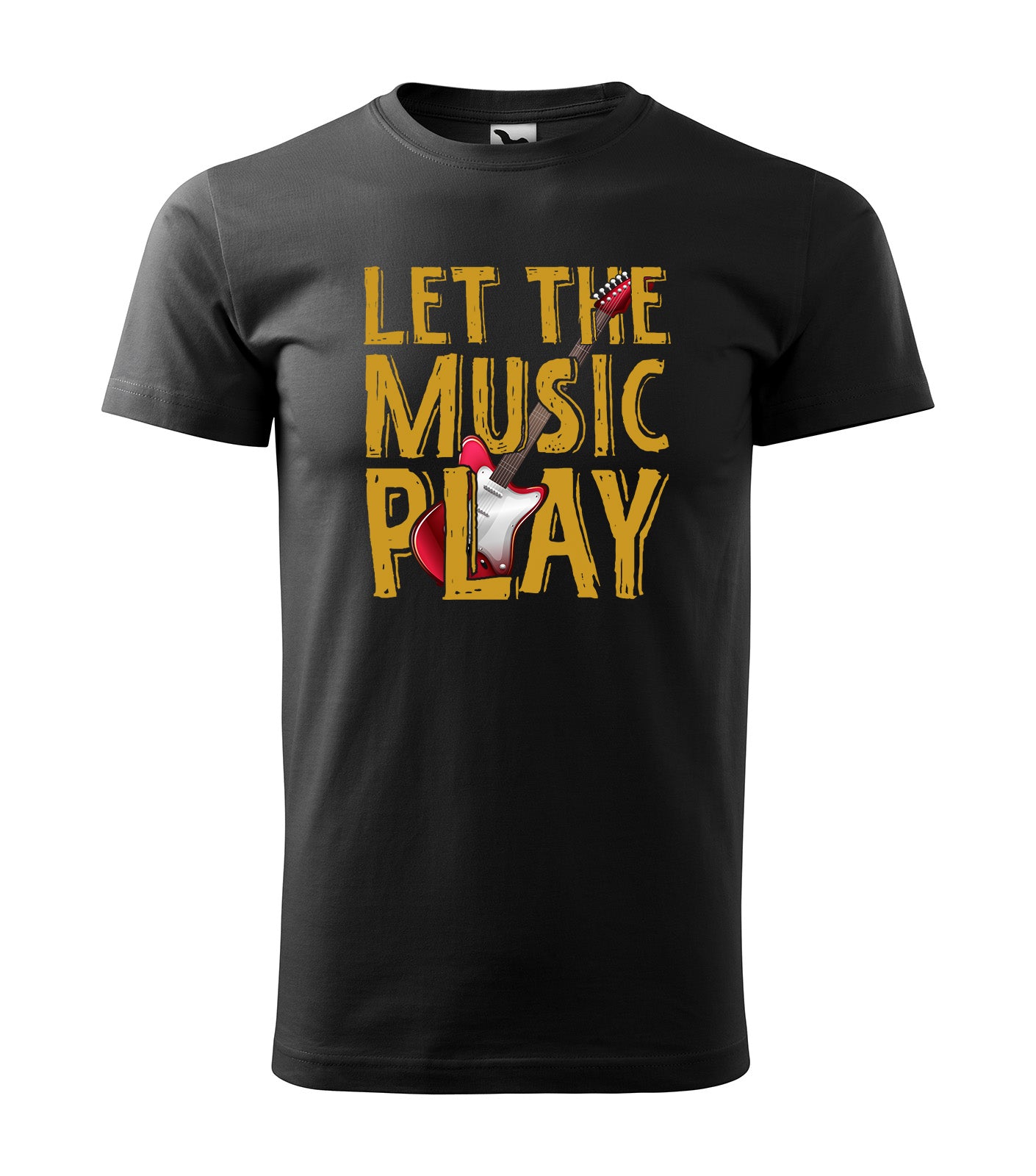 Schwarzes T-Shirt mit dem Schriftzug „Let the Music Play“ und einer roten E-Gitarre im Design. Perfekt für Musikliebhaber und Gitarrenfans, die gerne Musik erleben und ausdrücken wollen.