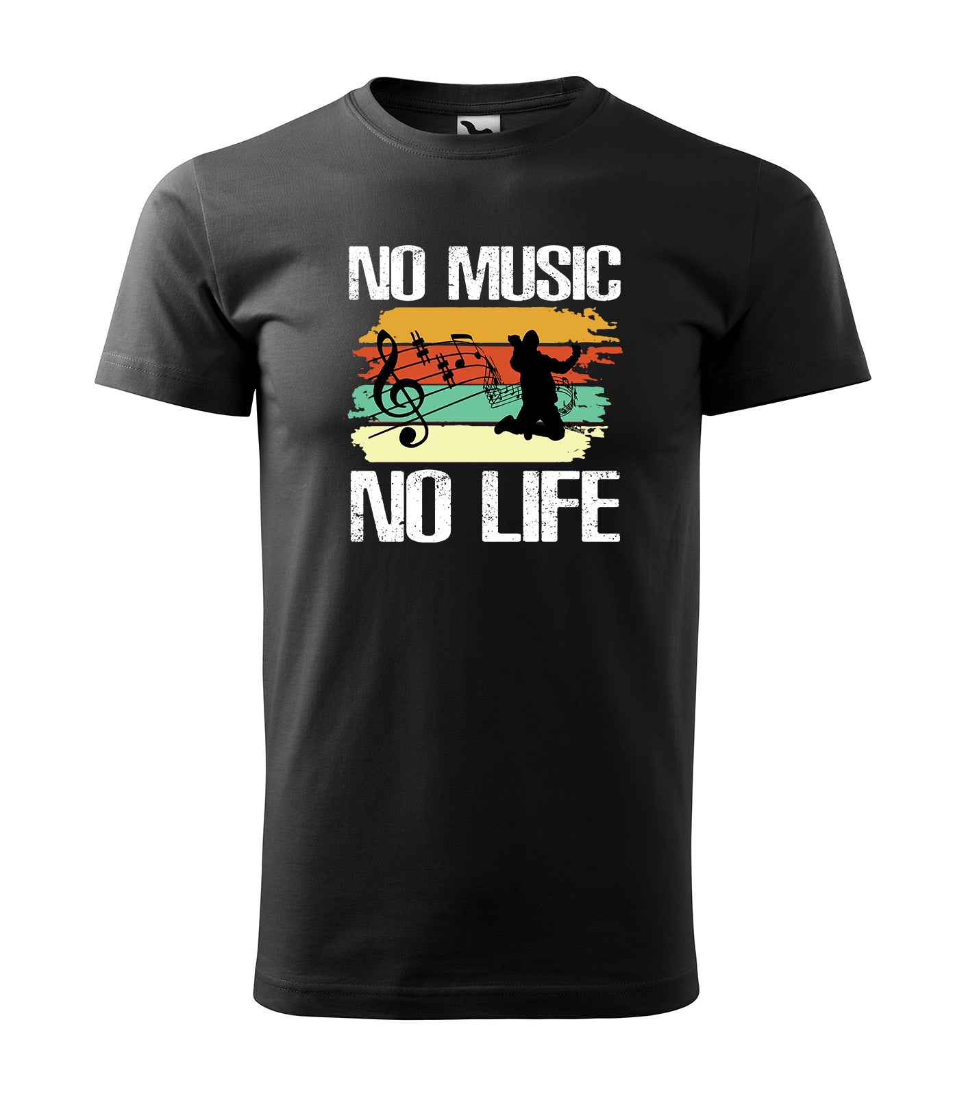 Schwarzes T-Shirt mit dem Spruch „No Music, No Life“, einem farbenfrohen Hintergrund und einer Musiker-Silhouette. Ideal für Musikliebhaber, die ihre Leidenschaft zum Ausdruck bringen wollen.