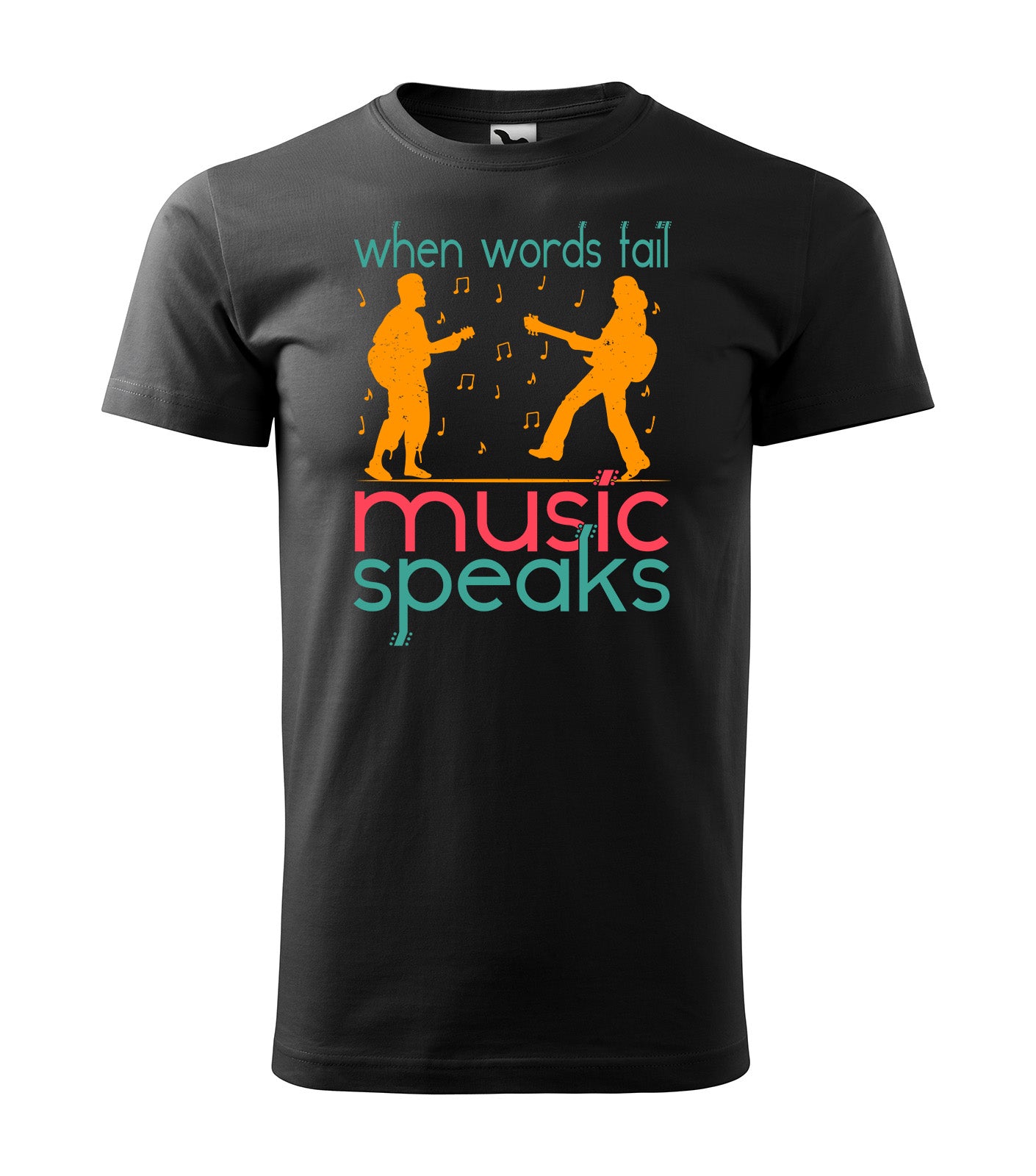 Schwarzes T-Shirt mit dem Spruch „When Words Fail, Music Speaks“ und bunten Gitarristen-Silhouetten sowie Musiknoten. Perfekt für Musikliebhaber, die sich durch die Kraft der Musik ausdrücken.